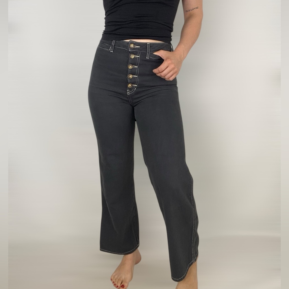 Reformation Black High-Rise Button-Front Flare Jeans